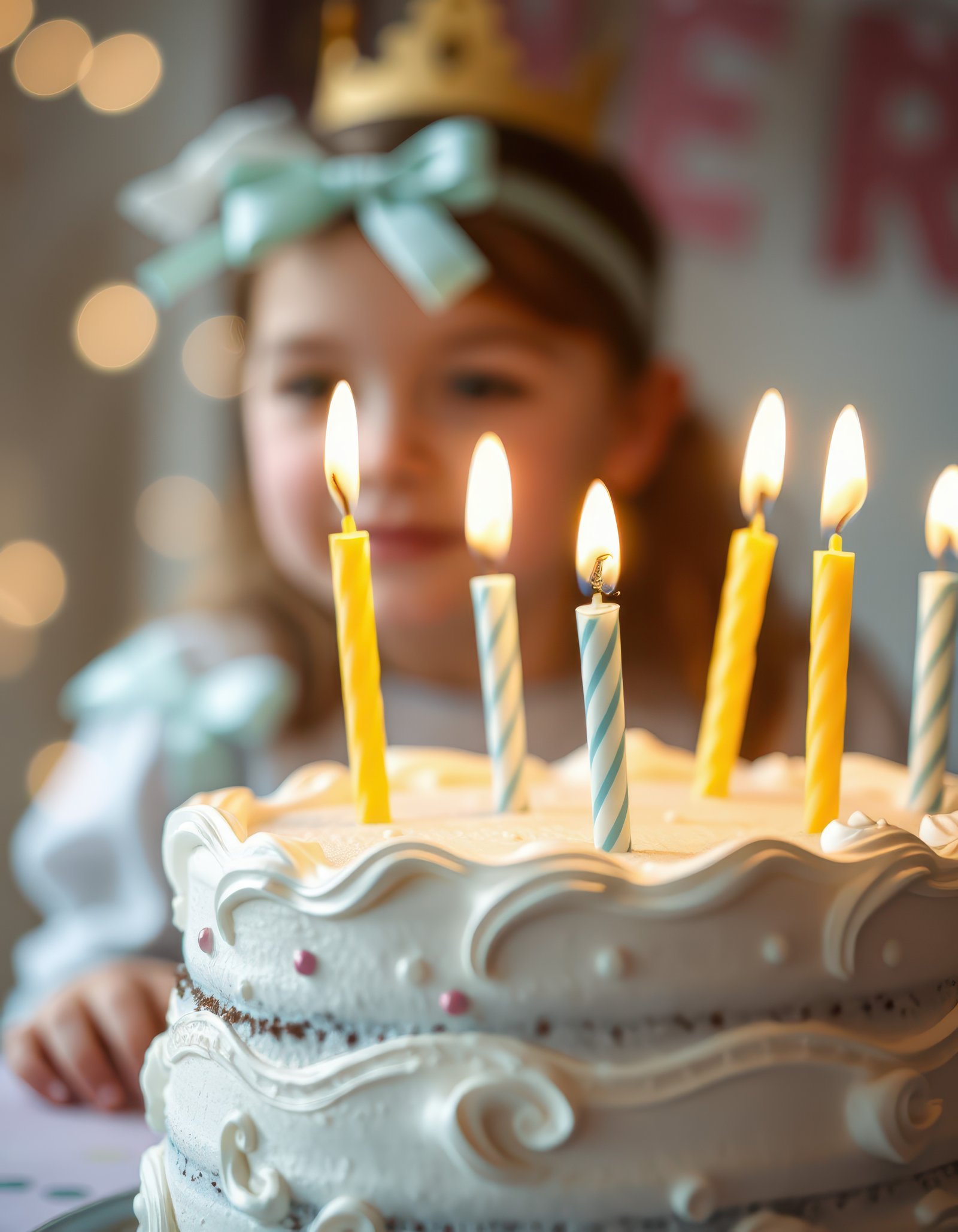 Child celebrates birthday with cake and lit candles, surrounded by festive decorations and joyful atmosphere